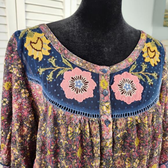 Anthropologie Ciutadella Top Large Blue Floral Embroidered Sheer - Picture 2 of 9